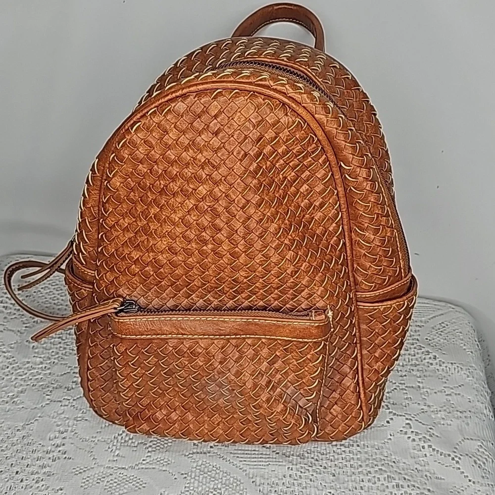 Shomico tan leather woven basket style weaved backpack purse handbag - Picture 2 of 8